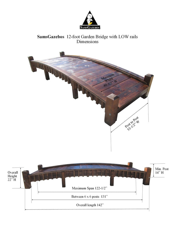 Wooden Garden Bridge with Low Rails Commercial Grade 12 ft. - SamsGazebos Handcrafted Garden Structures
