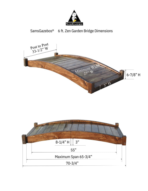 Japanese Zen Wood Garden Bridge 6 ft. - SamsGazebos Handcrafted Garden Structures