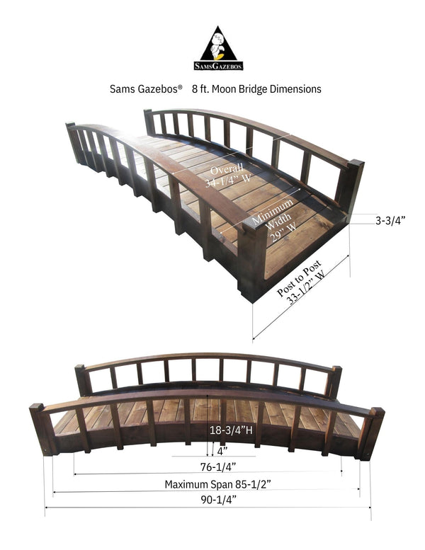 Japanese Wood Garden Bridge 8 ft. (CLEARANCE, Photoshoot Model) - SamsGazebos Handcrafted Garden Structures