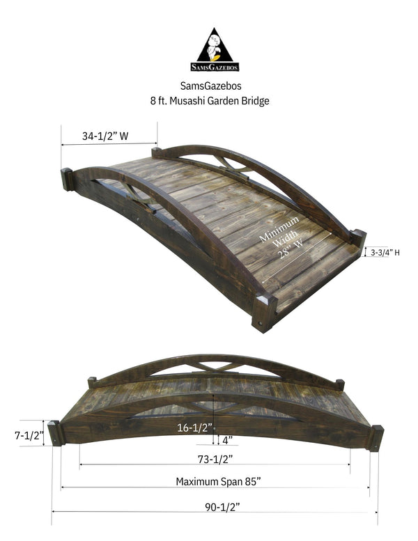 Musashi Japanese wood garden bridge 8 ft. - SamsGazebos Handcrafted Garden Structures