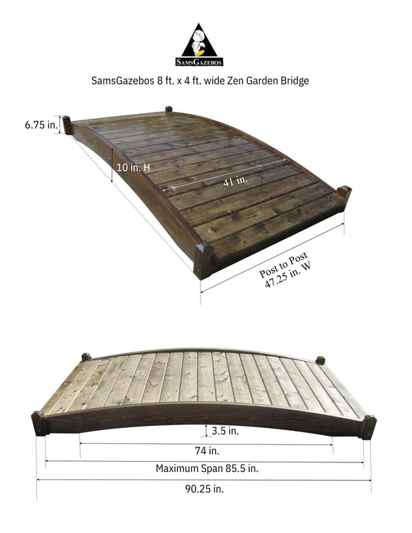 Zen Japanese Wood Garden Bridge 8 ft. x 4 ft. 400 lb. Load Capacity - SamsGazebos Handcrafted Garden Structures