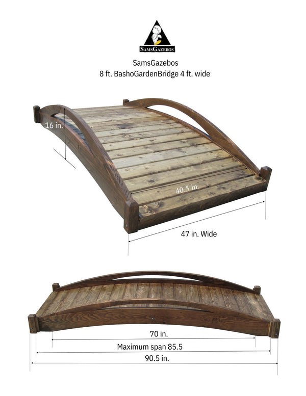 Basho Garden Bridge 8 ft. x 4 ft. 400 lb. Load Capacity (CLEARANCE Floor Model) - SamsGazebos Handcrafted Garden Structures