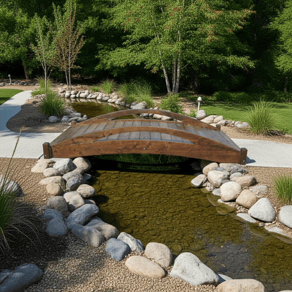 Basho Garden Bridge 8 ft. x 4 ft. 400 lb. Load Capacity (CLEARANCE Floor Model) - SamsGazebos Handcrafted Garden Structures