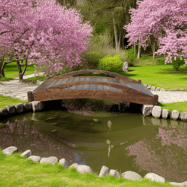 Basho Garden Bridge 8 ft. x 4 ft. 400 lb. Load Capacity (CLEARANCE Floor Model) - SamsGazebos Handcrafted Garden Structures