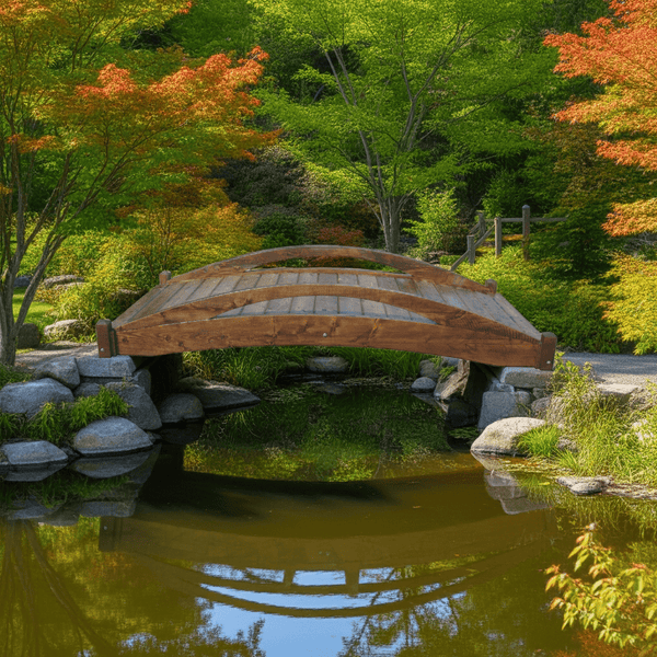 Basho Garden Bridge 8 ft. x 4 ft. 400 lb. Load Capacity (CLEARANCE Floor Model) - SamsGazebos Handcrafted Garden Structures