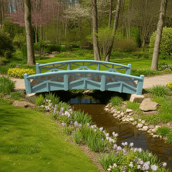 Chelsea Wood Garden Bridge 8 ft. (CLEARANCE, Photoshoot model) - SamsGazebos Handcrafted Garden Structures