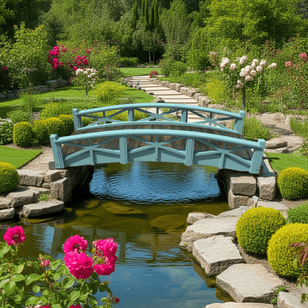 Chelsea Wood Garden Bridge 8 ft. (CLEARANCE, Photoshoot model) - SamsGazebos Handcrafted Garden Structures