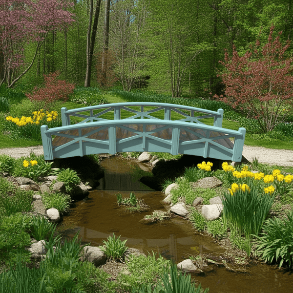 Chelsea Wood Garden Bridge 8 ft. (CLEARANCE, Photoshoot model) - SamsGazebos Handcrafted Garden Structures