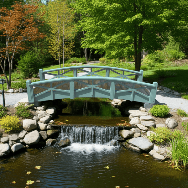 Chelsea Wood Garden Bridge 8 ft. (CLEARANCE, Photoshoot model) - SamsGazebos Handcrafted Garden Structures