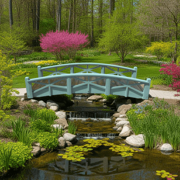 Chelsea Wood Garden Bridge 8 ft. (CLEARANCE, Photoshoot model) - SamsGazebos Handcrafted Garden Structures