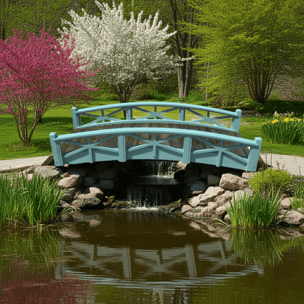 Chelsea Wood Garden Bridge 8 ft. (CLEARANCE, Photoshoot model) - SamsGazebos Handcrafted Garden Structures