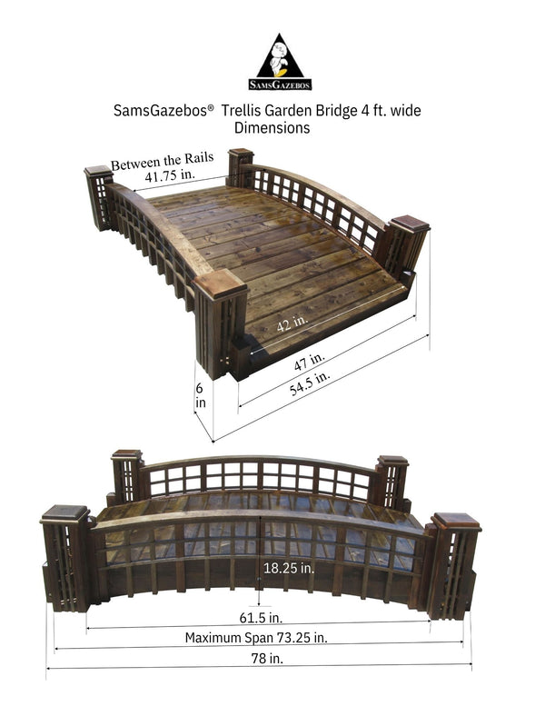 Garden Bridge with Cross Halving Grid Lattice and 4 Trellis Posts 7 ft. x 4 ft. 400 lb. Load Capacity - SamsGazebos Handcrafted Garden Structures
