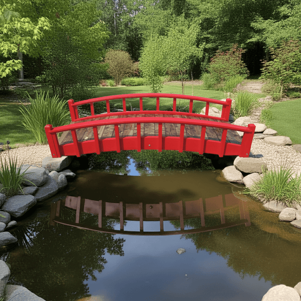 Japanese Wood Garden Bridge 8 ft. (CLEARANCE, Photoshoot Model) - SamsGazebos Handcrafted Garden Structures