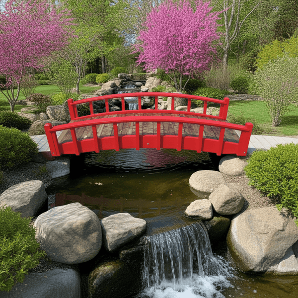 Japanese Wood Garden Bridge 8 ft. (CLEARANCE, Photoshoot Model) - SamsGazebos Handcrafted Garden Structures