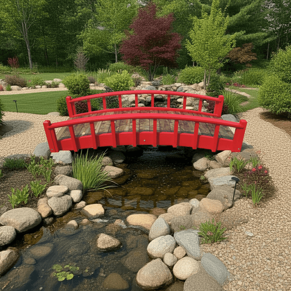 Japanese Wood Garden Bridge 8 ft. (CLEARANCE, Photoshoot Model) - SamsGazebos Handcrafted Garden Structures