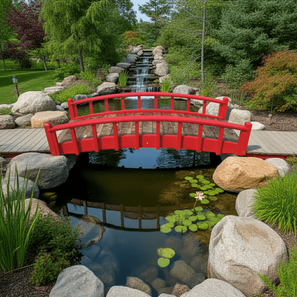 Japanese Wood Garden Bridge 8 ft. (CLEARANCE, Photoshoot Model) - SamsGazebos Handcrafted Garden Structures