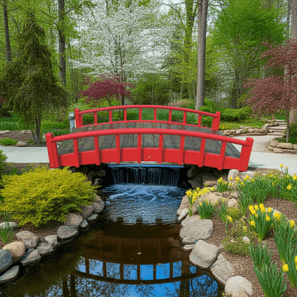 Japanese Wood Garden Bridge 8 ft. x 4 ft. 400 lb. load capacity (CLEARANCE, Photoshoot Model) - SamsGazebos Handcrafted Garden Structures