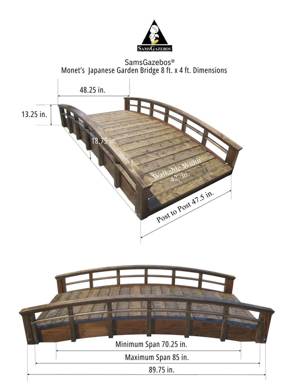 Monet's Japanese bridge 8 ft. x 4 ft. 400 lb. Load Capacity - SamsGazebos Handcrafted Garden Structures