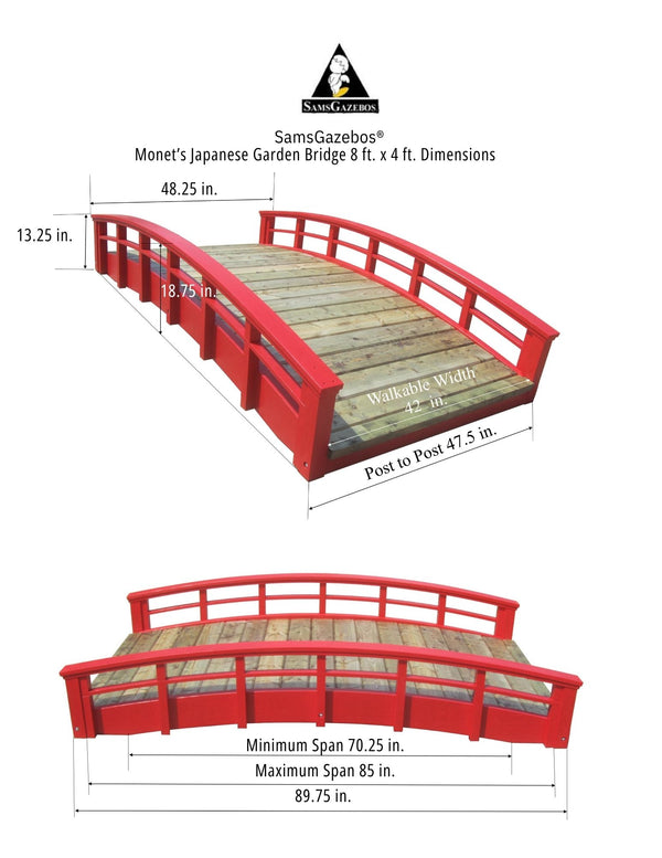 Monet's Japanese bridge 8 ft. x 4 ft. 400 lb. Load Capacity (CLEARANCE floor model) - SamsGazebos Handcrafted Garden Structures