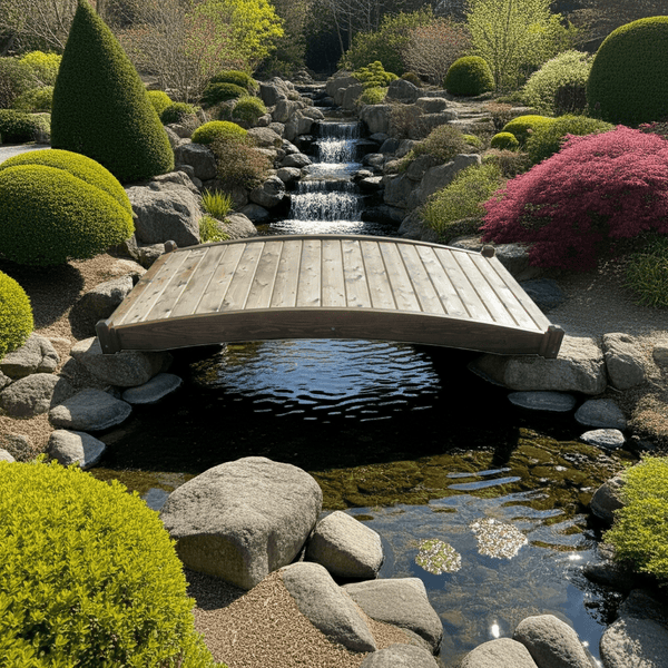 Zen Japanese Wood Garden Bridge 8 ft. x 4 ft. 400 lb. Load Capacity - SamsGazebos Handcrafted Garden Structures