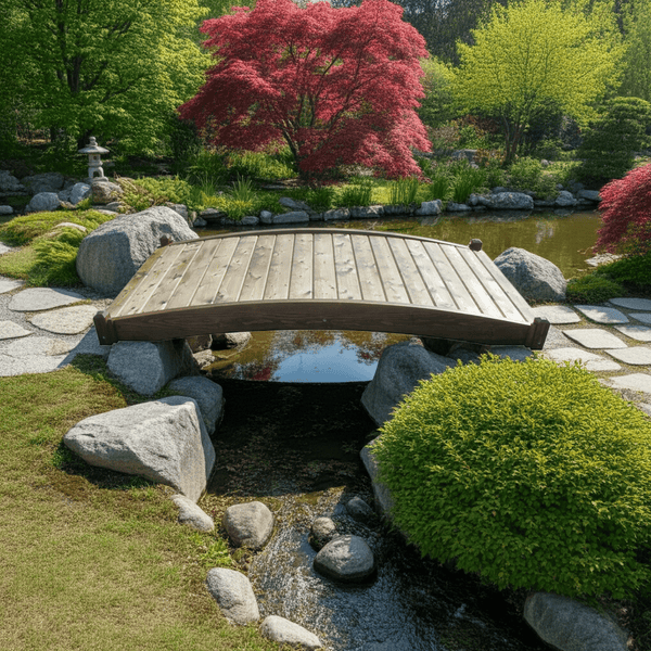 Zen Japanese Wood Garden Bridge 8 ft. x 4 ft. 400 lb. Load Capacity - SamsGazebos Handcrafted Garden Structures