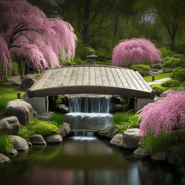 Zen Japanese Wood Garden Bridge 8 ft. x 4 ft. 400 lb. Load Capacity - SamsGazebos Handcrafted Garden Structures