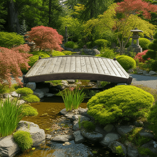 Zen Japanese Wood Garden Bridge 8 ft. x 4 ft. 400 lb. Load Capacity - SamsGazebos Handcrafted Garden Structures