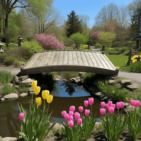 Zen Japanese Wood Garden Bridge 8 ft. x 4 ft. 400 lb. Load Capacity - SamsGazebos Handcrafted Garden Structures