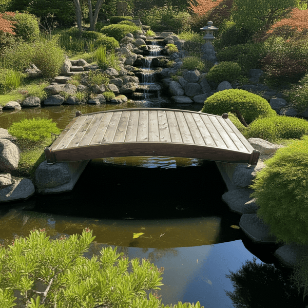 Zen Japanese Wood Garden Bridge 8 ft. x 4 ft. 400 lb. Load Capacity - SamsGazebos Handcrafted Garden Structures
