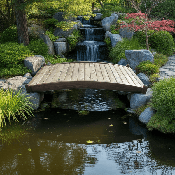 Zen Japanese Wood Garden Bridge 8 ft. x 4 ft. 400 lb. Load Capacity - SamsGazebos Handcrafted Garden Structures