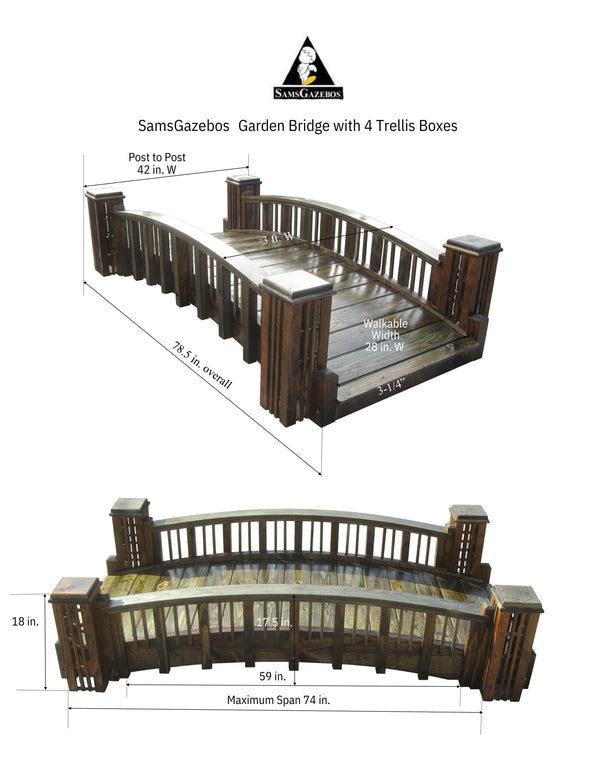 Garden Bridge with 4 Trellis Posts 7 ft. - SamsGazebos Handcrafted Garden Structures