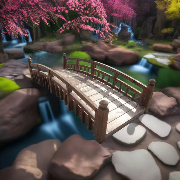 Japanese Taiko Wooden Garden Bridge with Finials 8 ft. - SamsGazebos Handcrafted Garden Structures