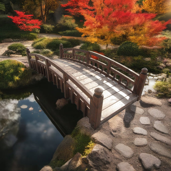 Japanese Taiko Wooden Garden Bridge with Finials 8 ft. - SamsGazebos Handcrafted Garden Structures