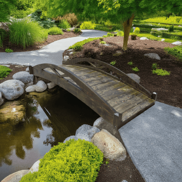 Musashi Japanese wood garden bridge 8 ft. - SamsGazebos Handcrafted Garden Structures