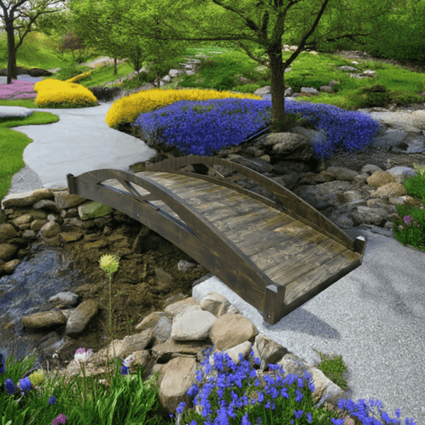 Musashi Japanese wood garden bridge 8 ft. - SamsGazebos Handcrafted Garden Structures