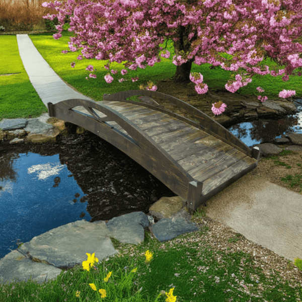 Musashi Japanese wood garden bridge 8 ft. - SamsGazebos Handcrafted Garden Structures