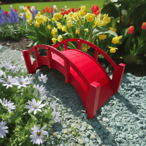 Miniature Japanese Wooden Garden Bridge 25 Inches Red - SamsGazebos Handcrafted Garden Structures