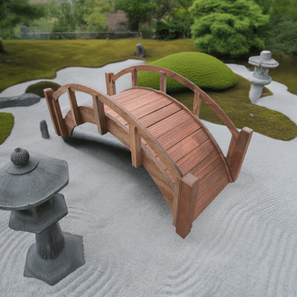 Miniature Japanese Wooden Garden Rainbow Bridge 25 Inch Brown - SamsGazebos Handcrafted Garden Structures