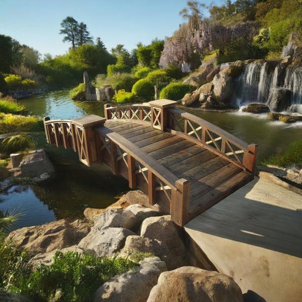 Secret Garden Bridge with Cross Halving Lattice Rails 7 ft. - SamsGazebos Handcrafted Garden Structures