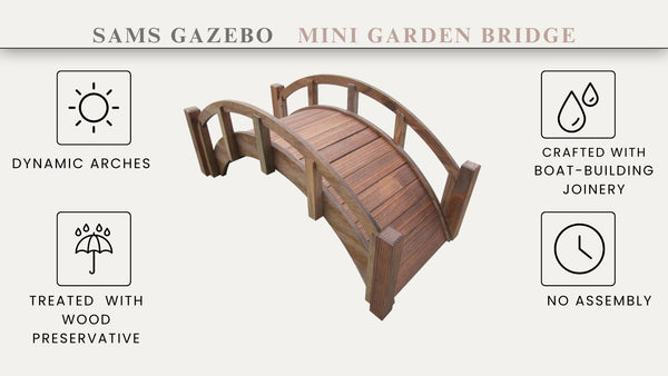 Miniature Japanese Wooden Garden Rainbow Bridge 25 Inch Brown - SamsGazebos Handcrafted Garden Structures