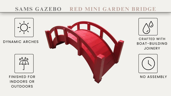 Miniature Japanese Wooden Garden Bridge 25 Inches Red - SamsGazebos Handcrafted Garden Structures