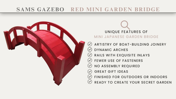 Miniature Japanese Wooden Garden Bridge 25 Inches Red - SamsGazebos Handcrafted Garden Structures