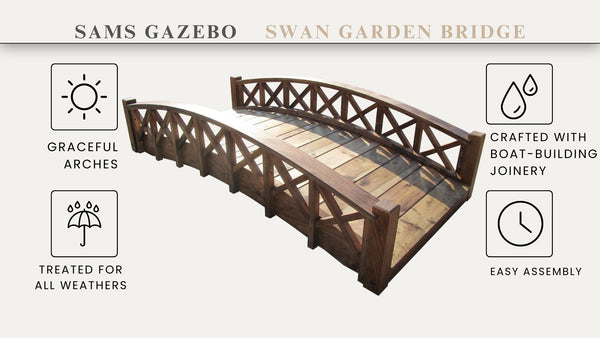 Swan Wooden Garden Bridge with Cross Halving Lattice Railings 6 ft. - SamsGazebos Handcrafted Garden Structures