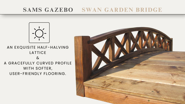 Swan Wooden Garden Bridge with Cross Halving Lattice Railings 6 ft. - SamsGazebos Handcrafted Garden Structures
