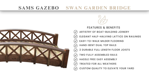 Swan Wooden Garden Bridge with Cross Halving Lattice Railings 6 ft. - SamsGazebos Handcrafted Garden Structures