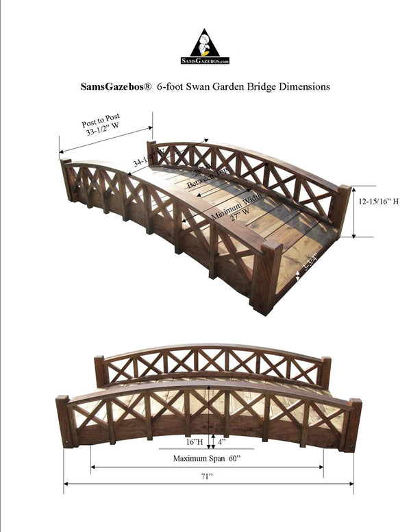 6 foot Swan Wooden Garden Bridge with Lattice Railings-SamsGazebos Handcrafted Garden Structures