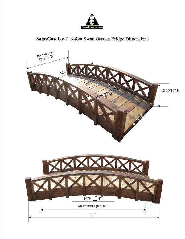 Swan Wooden Garden Bridge with Cross Halving Lattice Railings 6 ft. - SamsGazebos Handcrafted Garden Structures