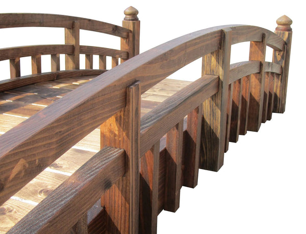 Japanese Taiko Wooden Garden Bridge with Finials 8 ft. - SamsGazebos Handcrafted Garden Structures