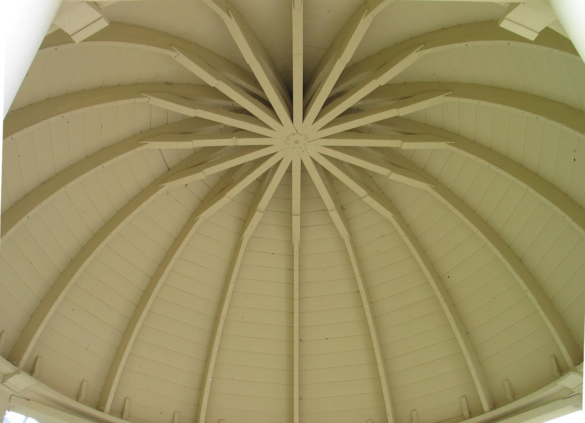 inside view of octagon dome roof gazebo with sixteen rafters