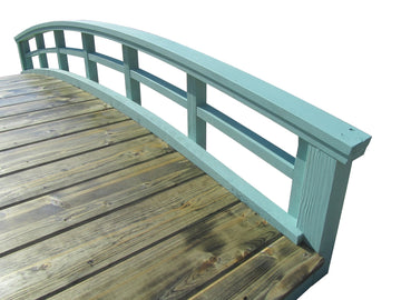 Closeup of arched split railings on wooden Japanese bridge